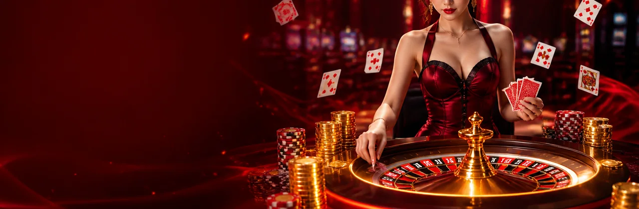 Banner casino trực tuyến với bàn roulette và chip vàng